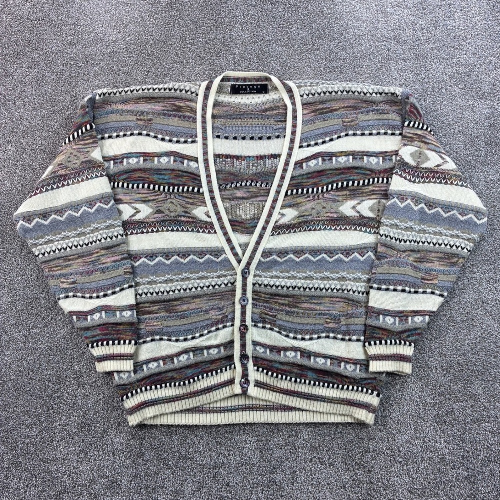 Vintage Protege Cardigan Sweater Mens Large Multicolor Acrylic 3D Knit 90s Coogi